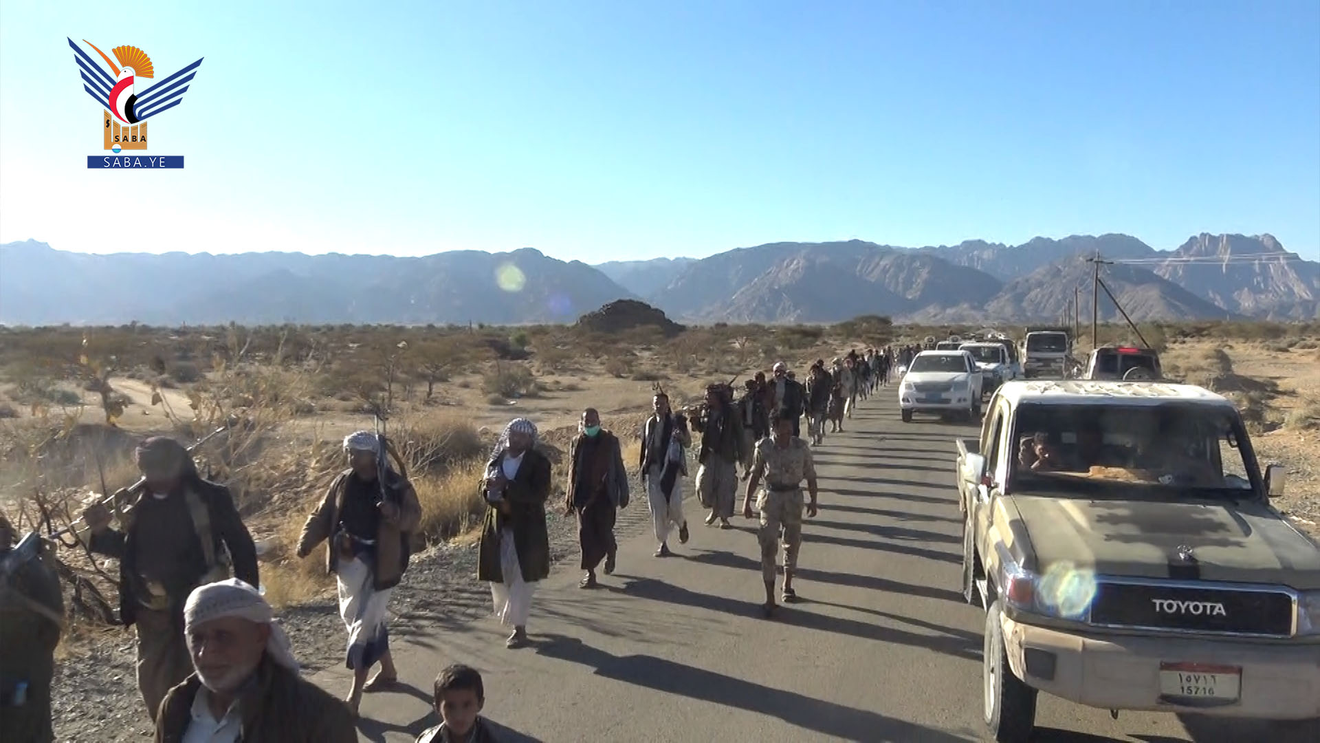 مسير ومناورة لخريجي دورات " طوفان الأقصى في مديريتي الجوبة وجبل مراد بمأرب