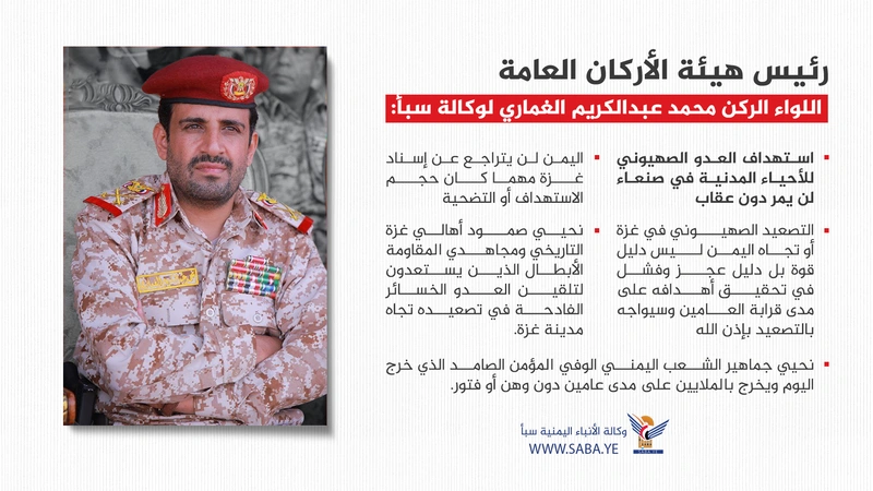 اللواء الغماري: استهداف العدو الصهيوني للأحياء المدنية في صنعاء لن يمر دون عقاب