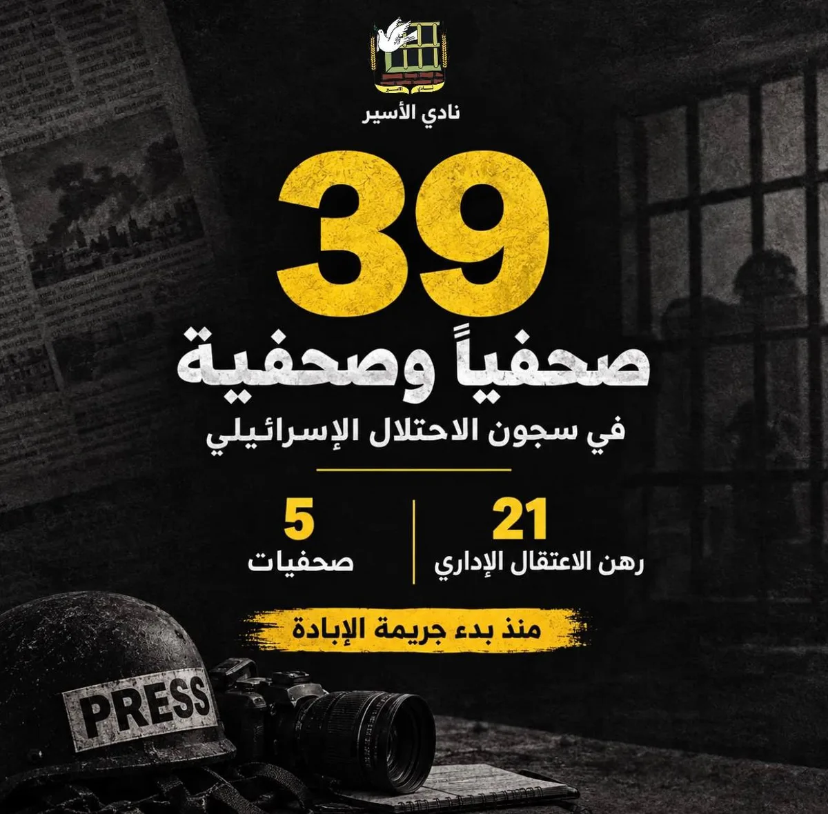 نادي الأسير: 39 صحفياً في سجون العدو الإسرائيلي وتصعيد متواصل في الاعتقال والملاحقة