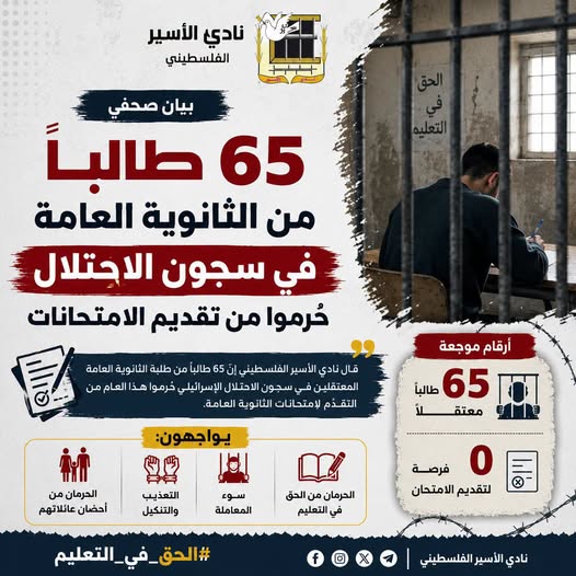 "نادي الأسير": 65 طالبًا فلسطينيا يقبعون في سجون العدو  الصهيوني ويُحرمون من امتحانات الثانوية العامة