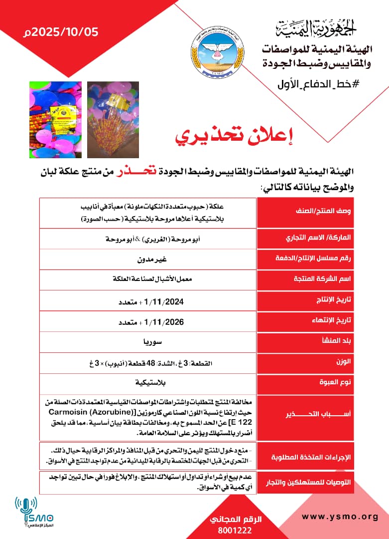 هيئة المواصفات تحذر من شراء أو تداول منتج علكة مخالف للمواصفات