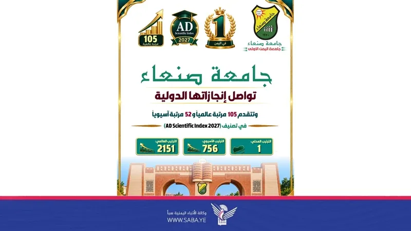 جامعة صنعاء تتقدم 105 مراتب عالميًا في تصنيف AD Scientific Index