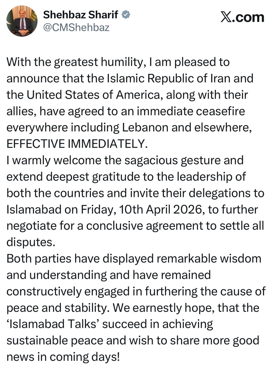 رئيس الوزراء الباكستاني يعلن اتفاق طهران وواشنطن على وقف إطلاق النار