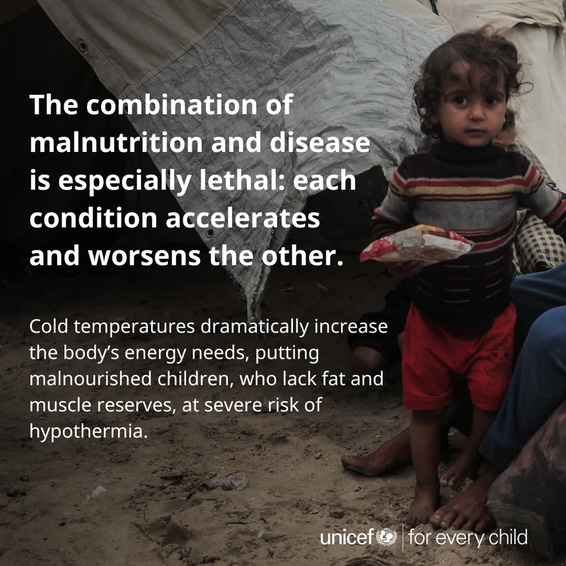 "يونيسف" تحذّر: سوء التغذية والبرد يهددان حياة الأطفال في غزة