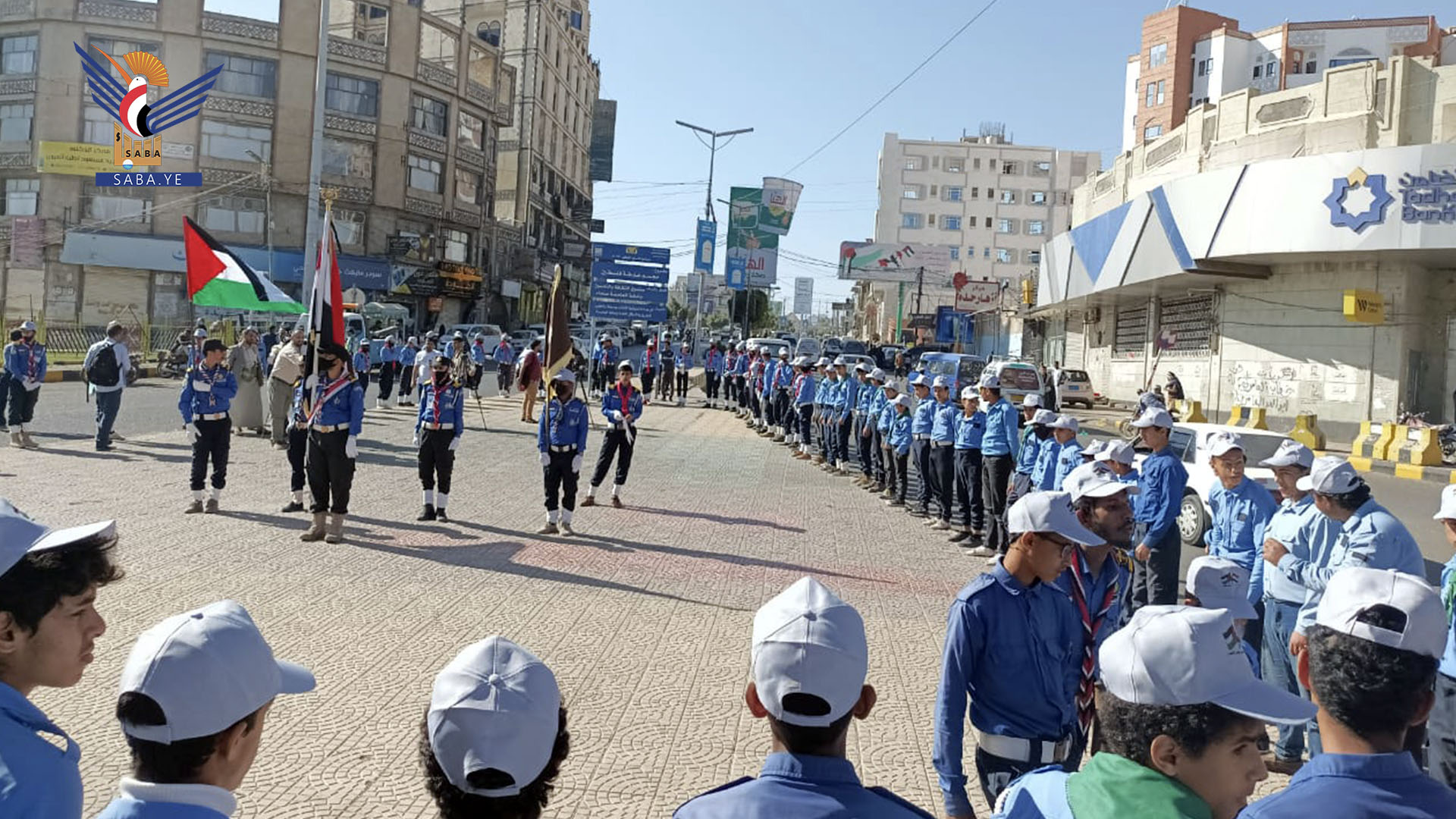 استعراض كشفي لمفوضية أمانة العاصمة نصرة للأقصى بمشاركة وزير الشباب