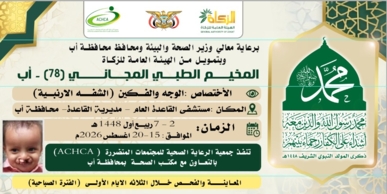 السبت المقبل.. تدشين مخيمين للعيون والشفه الأرنبية بمدينة القاعدة في إب