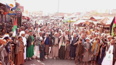 مسيرات حاشدة بمحافظة صنعاء تحت شعار "لا أمن للكيان.. وغزة والأقصى تحت العدوان"