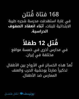 "يونيسف" عقب استشهاد 180 طفلاً بغارات على إيران: وحشية الحرب تُقاس بأرواح الأطفال