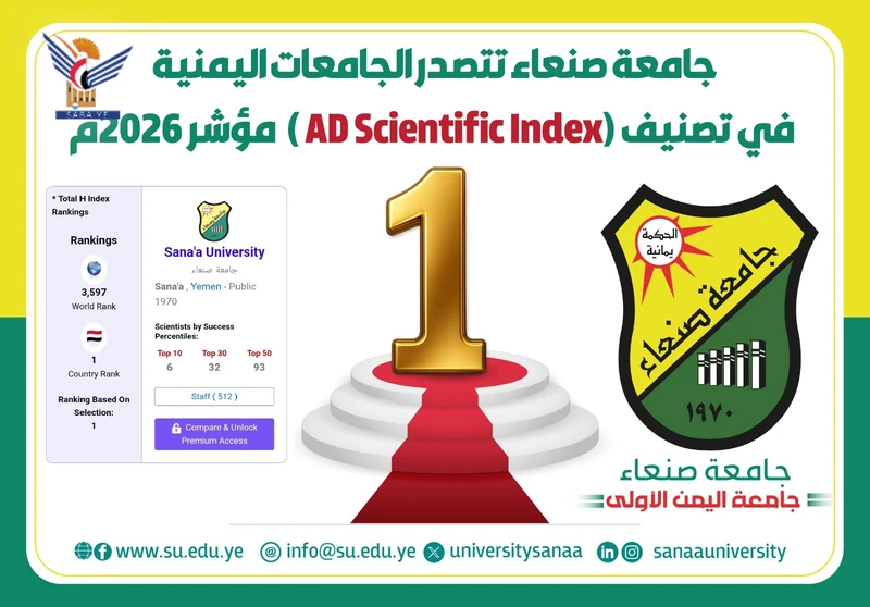 جامعة صنعاء تتقدّم 459 مرتبة في قائمة التصنيف العالمي"AD SCIENTIFIC INDEX"