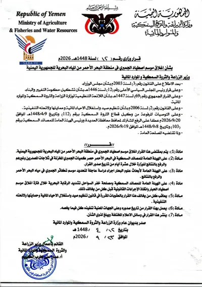وزارة الزراعة والثروة السمكية تعلن إغلاق موسم اصطياد الجمبري في البحر الأحمر  