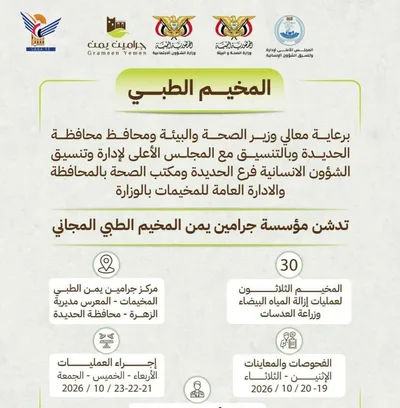 تدشّين مخيم طبي للعيون بمديرية الزهرة في الحديدة يوم غد الاثنين